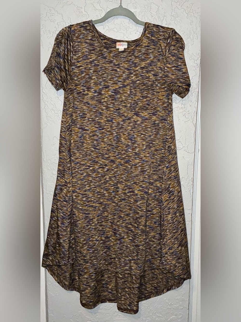 LuLaRoe Short Sleeve Carly Swing Dress- Marled Patten (Brown, Gold & Blue)